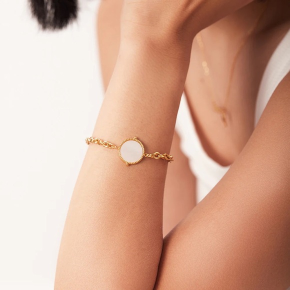 18K Gold Plated Watchband Bracelet*Dainty Minimalist Mother Of Pearl*JD - Picture 4 of 4